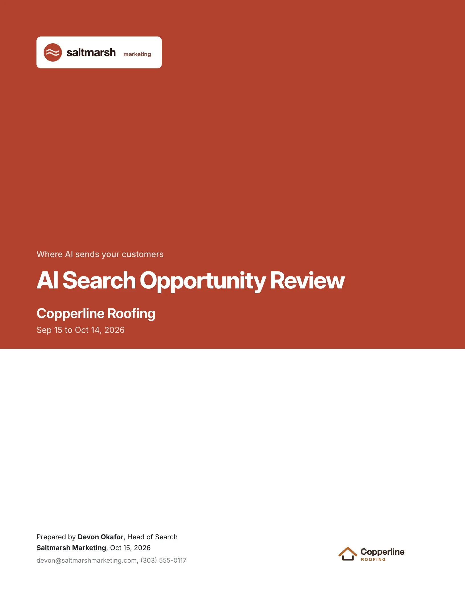 The same report with Saltmarsh Marketing's logo, a red brand color, a bold cover and its own report name.